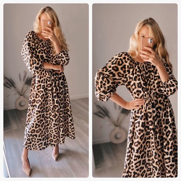 H&M Animal Print Leopard Belted Dress Cotton New - Picture 2 of 3